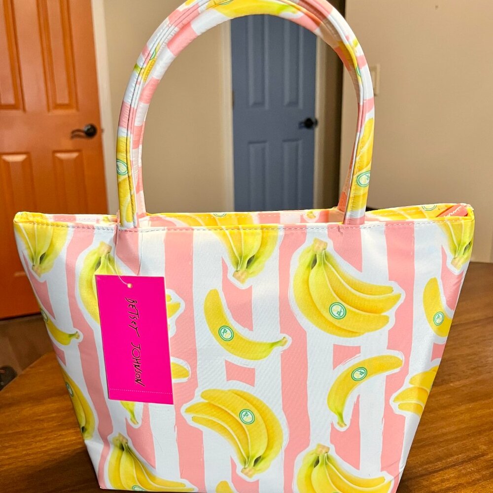 New With Tags! Betsey Johnson Pink Banana Striped Insulated Lunch Tote Bag - Picture 3 of 10